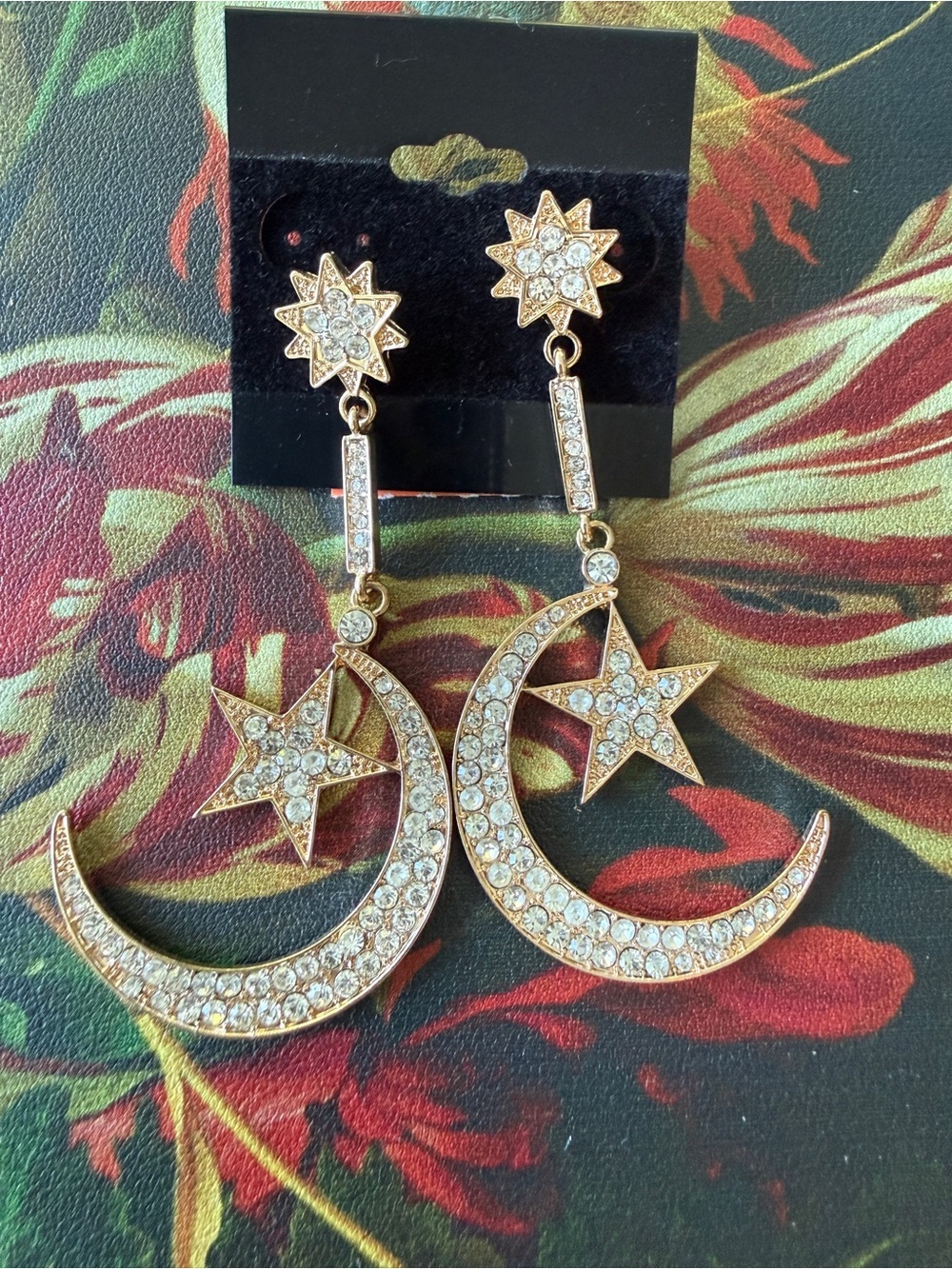 Gold-tone Crystal Moon & Star Drop Earrings Long Beautiful